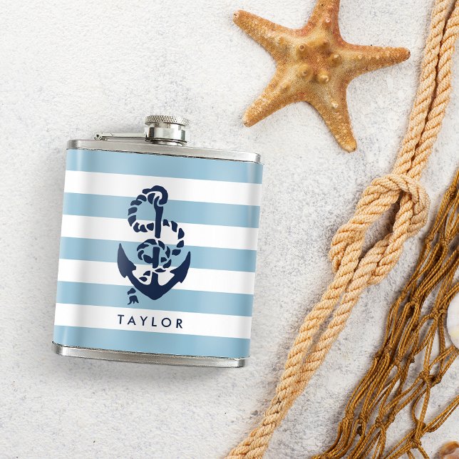 Nautical Blue Stripe & Navy Anchor Personalized Hip Flask (Creator Uploaded)