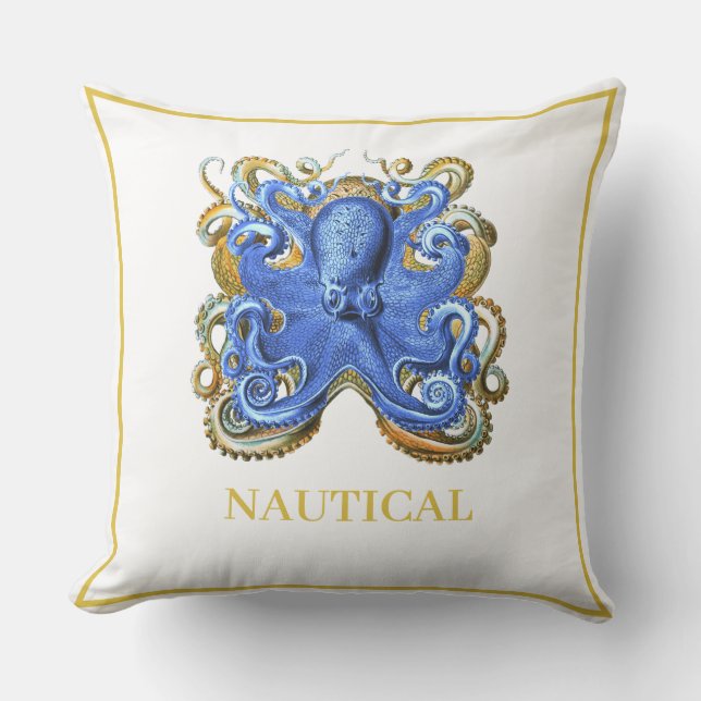 Nautical Blue Stripe Octopus Boat Beach House Cushion (Front)