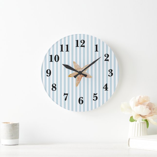 Nautical Blue Stripe Preppy Starfish Large Clock (Home)