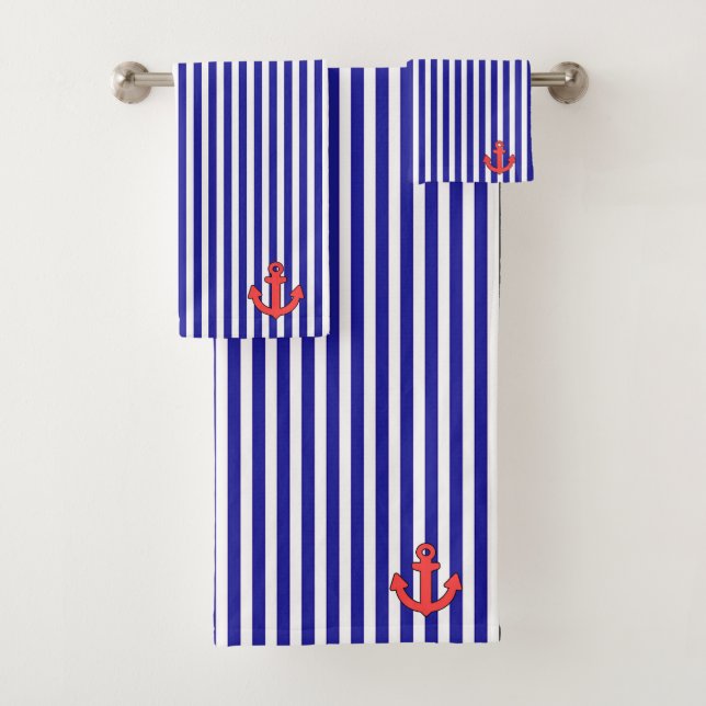Nautical Blue Stripe Red Anchor  Bath Towel Set (Insitu)