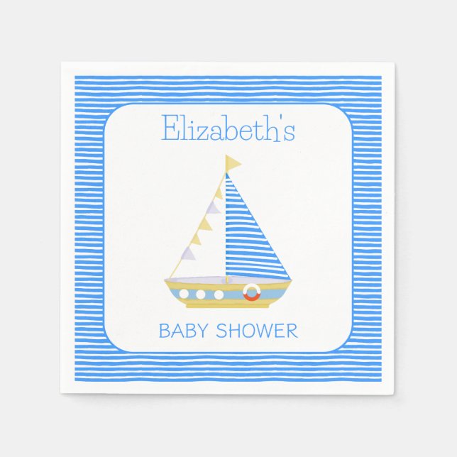 Nautical Blue Stripe Sailboat Baby Shower Napkin (Front)