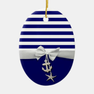 Nautical blue stripe white ribbon & charms graphic ceramic tree decoration