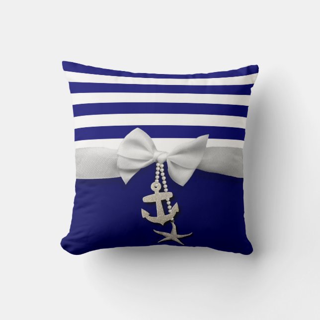 Nautical blue stripe white ribbon & charms graphic cushion (Front)