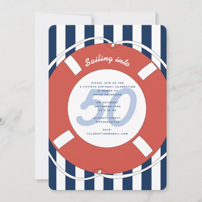 Nautical Blue Striped 50th Birthday Invitation (Front)