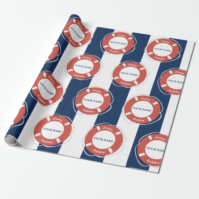 Nautical Blue Striped Custom Name Birthday  Wrapping Paper (Unrolled)