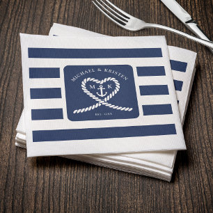 Nautical Blue Striped Heart Anchor Wedding  Napkin