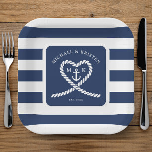 Nautical Blue Striped Heart Anchor Wedding  Paper Plate
