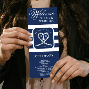 Nautical Blue Striped Heart Anchor Wedding Programme