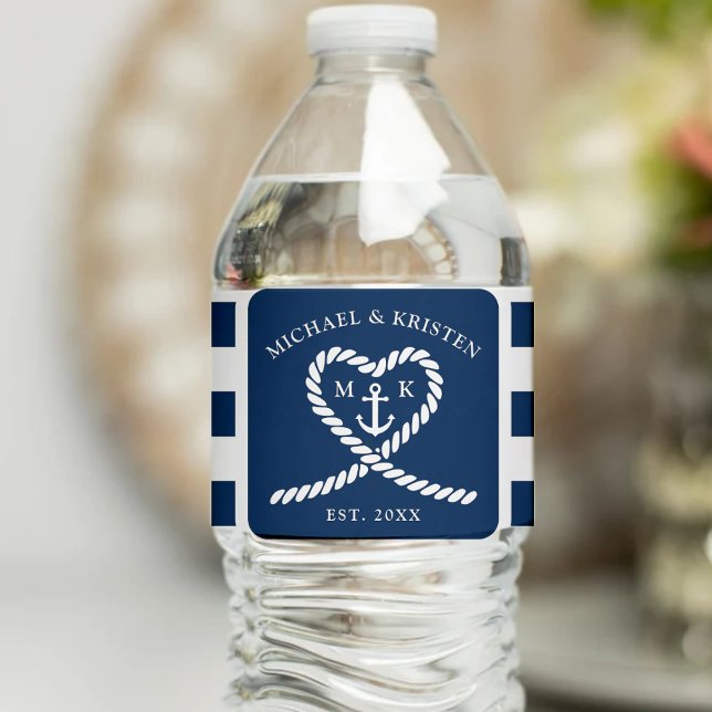 Nautical Blue Striped Heart Anchor Wedding  Water Bottle Label (Nautical Blue Striped Heart Anchor Wedding Water Bottle Label
)