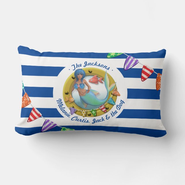 Nautical Blue Striped Mermaid Family Holiday Beach Lumbar Cushion (Front)