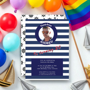 Nautical Blue Striped Photo Birthday Invitation