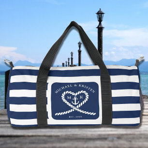 Nautical Blue Striped Rope Heart Anchor Wedding  Duffle Bag