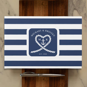 Nautical Blue Striped Rope Heart Anchor Wedding  Guest Book
