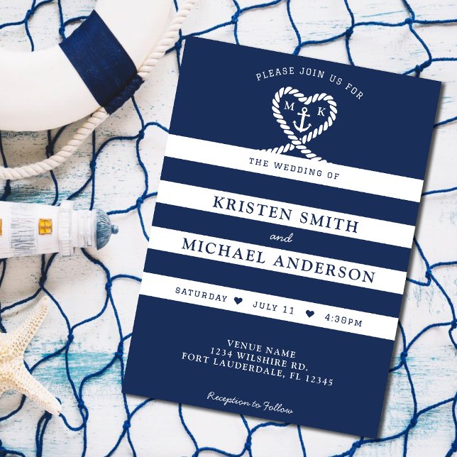 Nautical Blue Striped Rope Heart Anchor Wedding Invitation (Nautical Blue Striped Rope Heart Anchor Wedding Invitation)