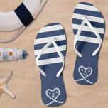 Nautical Blue Striped Rope Heart Anchor Wedding Jandals<br><div class="desc">Nautical blue and white wedding honeymoon flip flops for a wife.  Great for a Navy (military) or lake house wedding.  Design features stripes and a heart shaped rope with anchor and couple initials in the middle.  Personalise it with your wedding details.</div>