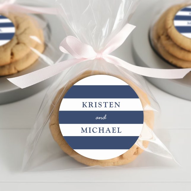 Nautical Blue Striped Wedding Classic Round Sticker (Nautical Blue Striped Wedding Classic Round Sticker
)