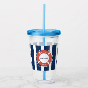 Nautical Blue Striped Welcome Aboard Boat Name  Acrylic Tumbler
