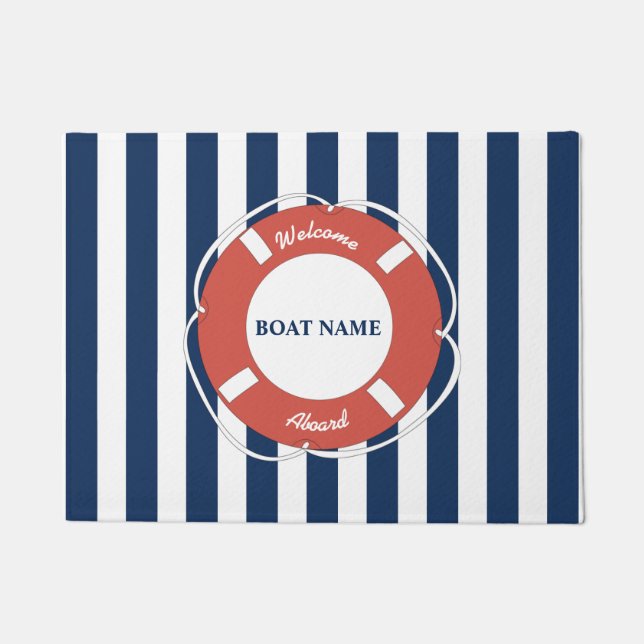 Nautical Blue Striped Welcome Aboard Boat Name Doormat (Front)