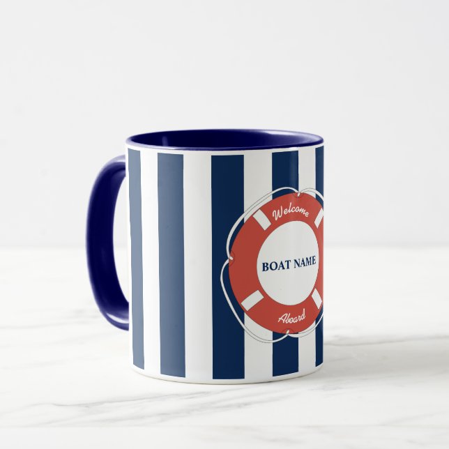 Nautical Blue Striped Welcome Aboard Boat Name  Mug (Front Left)