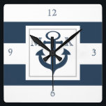 Nautical Blue Stripes and Anchor with Monogram Square Wall Clock<br><div class="desc">Bold navy blue and white stripes with anchor and monogram.  Personalise as preferred.</div>