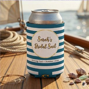 Nautical Blue Stripes Bridal Sail Bachelorette Can Cooler