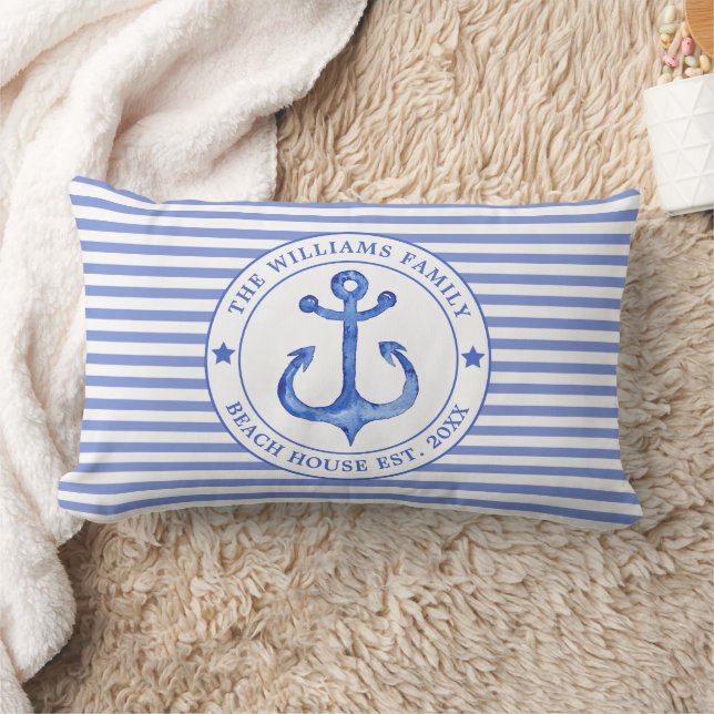 Nautical Blue Stripes - Family Beach House Lumbar Cushion (Blanket)