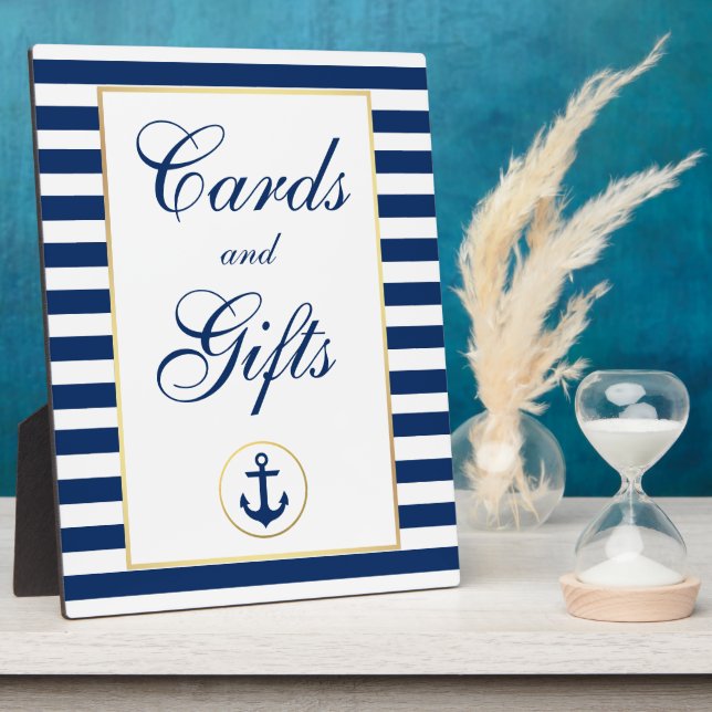 Nautical Blue Stripes Gold Wedding Cards Gifts Plaque (Side)