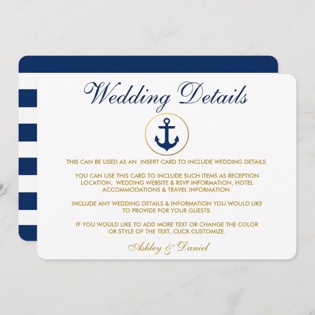 Nautical Blue Stripes Gold Wedding Details Insert Invitation (Front/Back)