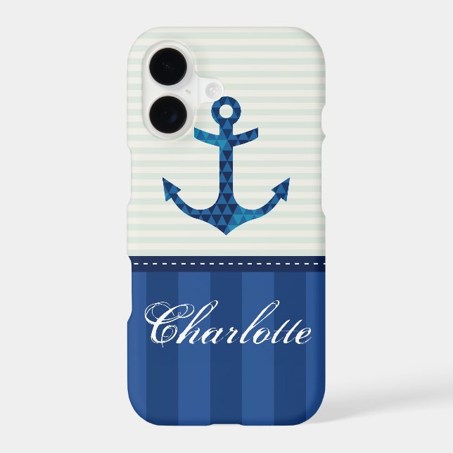 Nautical Blue Stripes Pattern Anchor Custom Name (Back)