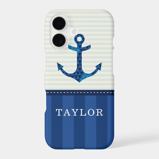 Nautical Blue Stripes Pattern Anchor Custom Name (Back)