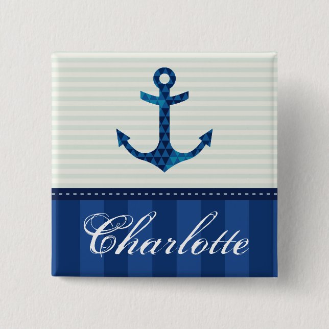 Nautical Blue Stripes Pattern Anchor Custom Name 15 Cm Square Badge (Front)