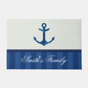 Nautical Blue Stripes Pattern Anchor Custom Name Doormat