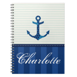 Nautical Blue Stripes Pattern Anchor Custom Name Spiral Notebook