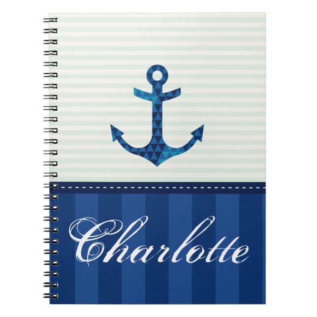 Nautical Blue Stripes Pattern Anchor Custom Name Spiral Notebook (Front)