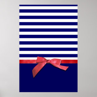 Nautical blue stripes & red ribbon bow graphic poster