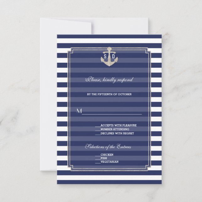Nautical Blue Stripes Silver Anchor Wedding RSVP (Front)