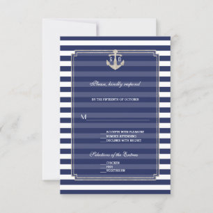 Nautical Blue Stripes Silver Anchor Wedding RSVP Card