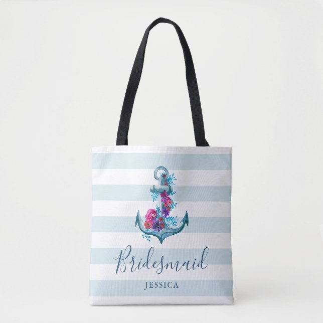Nautical Blue Stripes Watercolor Anchor Bridesmaid Tote Bag (Front)