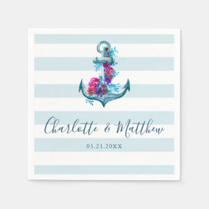 Nautical Blue Stripes Watercolor Anchor Wedding Napkin