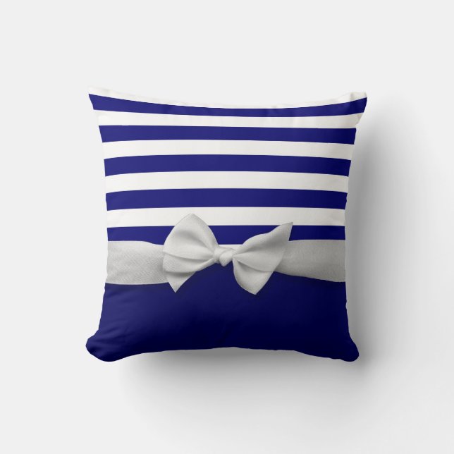 Nautical blue stripes & white ribbon bow graphic cushion (Front)