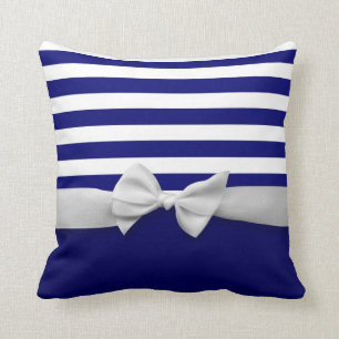 Nautical blue stripes & white ribbon bow graphic cushion