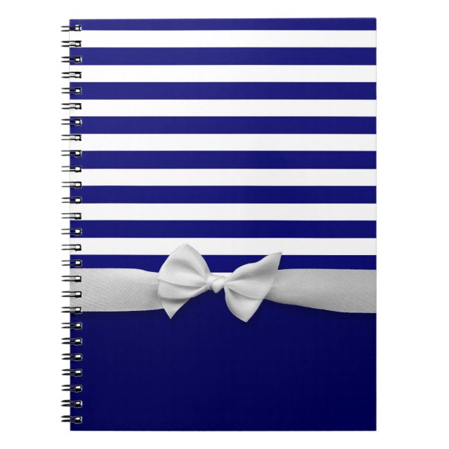 Nautical blue stripes & white ribbon bow graphic spiral notebook (Front)
