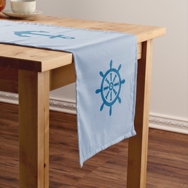 Nautical Blue Table Runner with Ship's Wheel Art (In Situ)