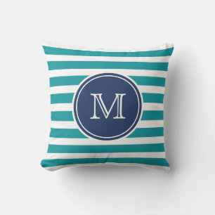 Nautical Blue Teal Stripe Monogram Throw Pillow
