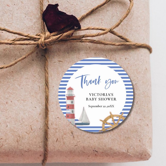 Nautical Blue Thank you Baby Shower Classic Round Sticker (Creator Uploaded)