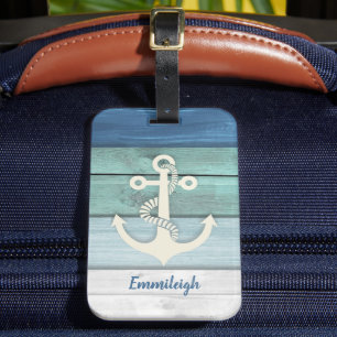 Nautical Blue Turquoise Distressed Wood Anchor Luggage Tag