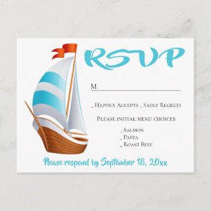 Nautical Blue Turquoise RSVP Sailboat Wedding Invitation Postcard