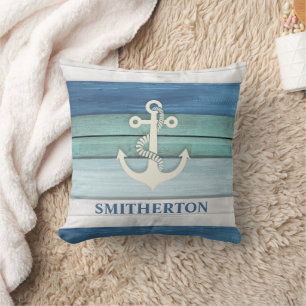 Nautical Blue Turquoise White Anchor Ocean Beach Cushion
