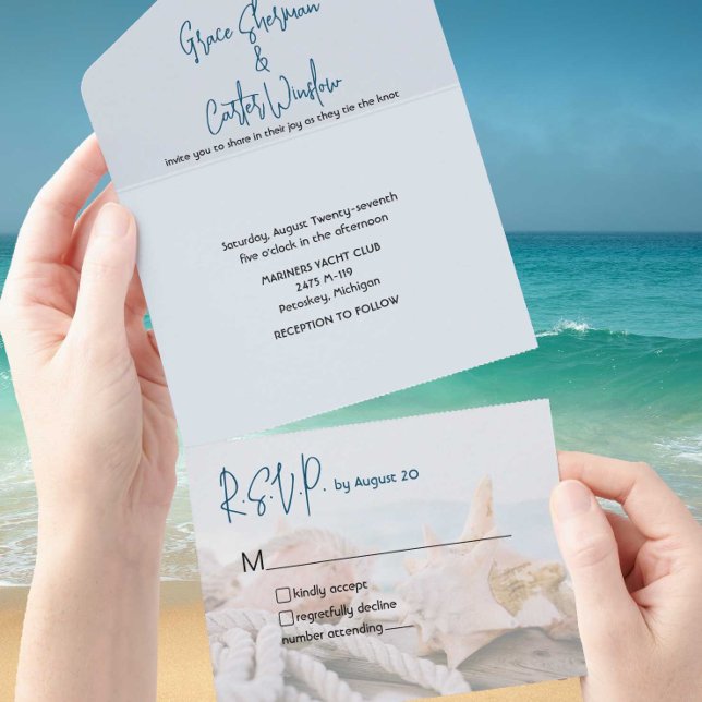 Nautical Blue Water Shells Beach Wedding All In One Invitation (Whether your wedding is on the beach or at the yacht club these invitations are an awesome choice.)