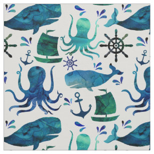 Nautical Blue Watercolor Octopus Shark Marine Fish Fabric